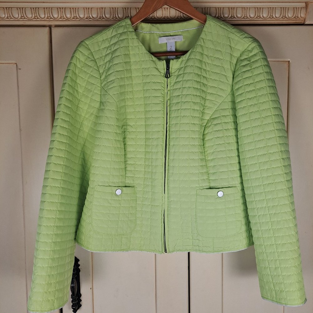 CHICO'S Women's Lime Green Quilted Zip Front Jacket Size Large or Chico's sz 2